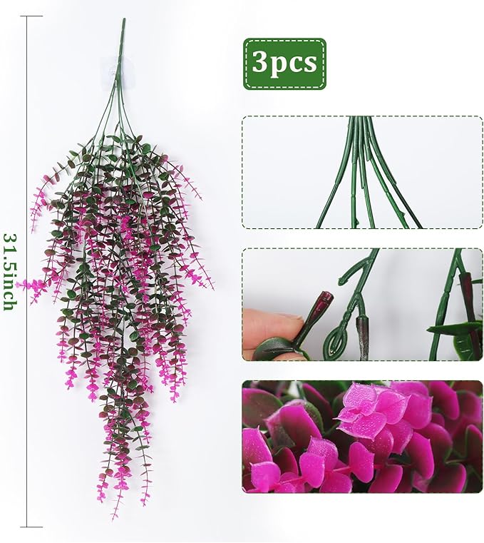 RECUTMS Fake Monkey Plants Hanging Eucalyptus Vines Fake Vines Faux Hanging Plants for Outdoor Garden Yard Backdrop Decor Indoor Room Table Wall Home Hanging Decoration(Fuchsia)