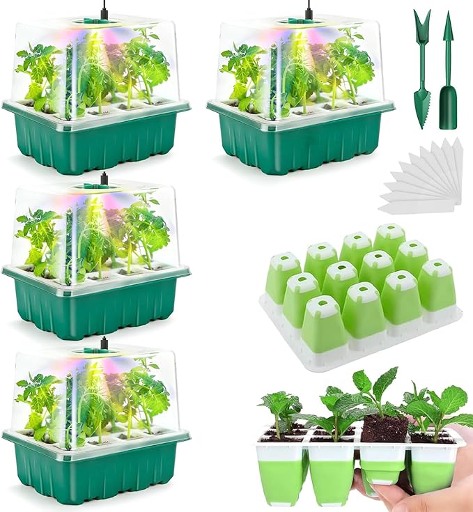 Seed Starter Tray with Grow Light, 48 Cells Indoor Seed Starter Kit, Flexible Silicone Seedling Starter Trays, Germination Tray Kit with Humidity Dome & Lids(4in Height), Reusable & Dishwasher Safe