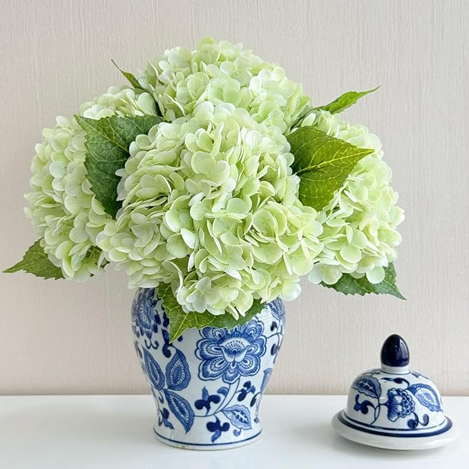 ZYTUYO 4 Pcs 21 inches Real Touch Light Green Artificial Hydrangeas Flower Lifelike Realistic Latex Hydrangeas Faux Flower for Home Decor Kitchen Living Room Table Wedding Arrangement