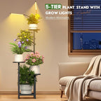 TOSKING 47" Tall 5-Tier Square Iron Plant Stand with Detachable Grow Light ,Heavy Duty Corner Flower Shelf for Indoor Use, Metal Pot Rack for Living Room, Bedroom, Office, Black