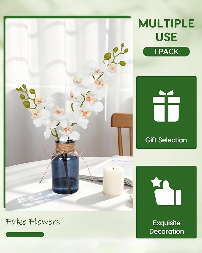 Velener Fake Orchid in Vase with Faux Water, Fake Plants White Orchid Artificial Flowers for Home Decor, Office Kitchen Bathroom Farmhouse Living Room Coffee Table Faux Centerpieces for Tables