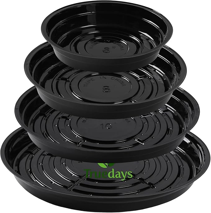 TRUEDAYS 20 Pack Black Plant Saucers – 4 Sizes (6"/8"/10"/12") Plastic Flower Pot Trays for Indoor & Outdoor Plants, Drip Trays to Protect Floors & Surfaces