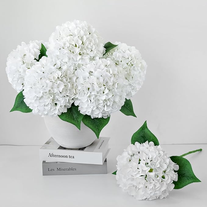 ZYTUYO 5 Pcs Pure White Silk Hydrangeas Artificial Flower Boho Dried Touch 20'' Faux Hydrangeas for Indoor Home Decor Kitchen Living Room Outdoor Porch Wedding Flower Arrangement