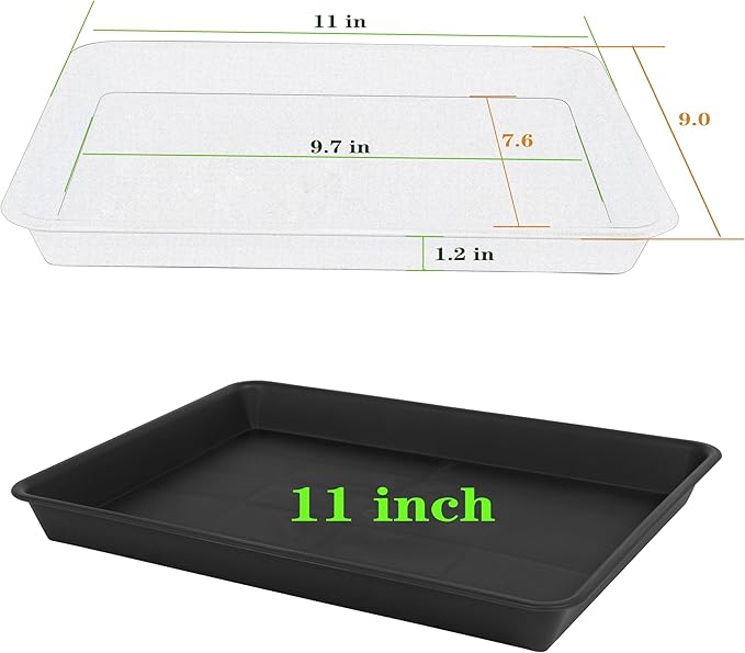 VUWEZ Plant Saucer Growing Tray, Seed Starter Tray Rectangular, Heavy Sturdy Plastic Plant Drainage Saucers, Plant Drip Trays for Pots, Seed Starter Growing Trays (11 x 9 inch, 6 Pack)