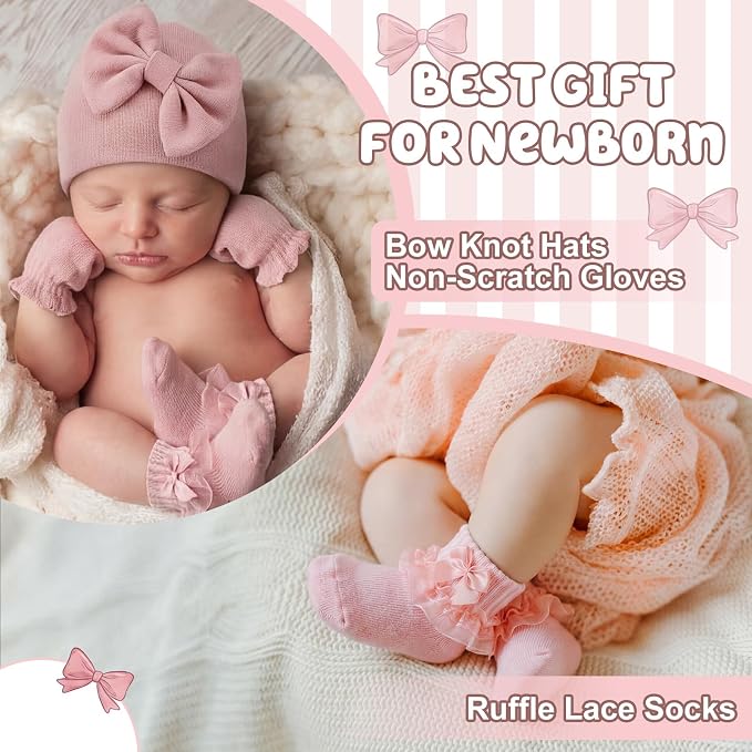 Ramede 5 Pack Preemie Newborn Hats Mittens Socks Set Cotton Bow Knot Caps Non-Scratch Gloves Ruffle Lace Socks for Girls Boys