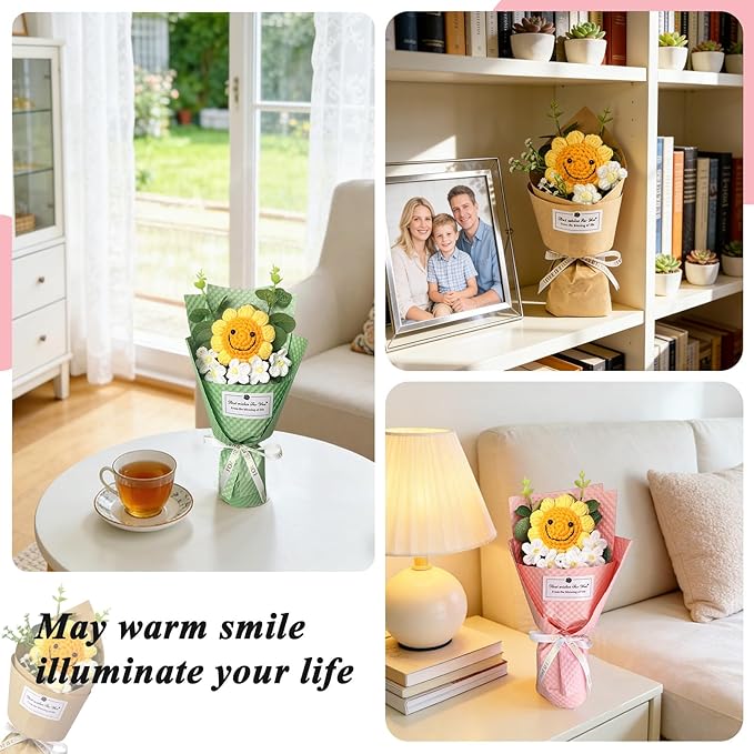 PXFCXVMQ Crochet Sunflower Bouquet,Pink Handmade Knitted Artificial Flower Gift with Card and Box,Smiley Sunflower Bouquet for Graduation, Birthday, Mother's Day,Teacher Appreciation Gift