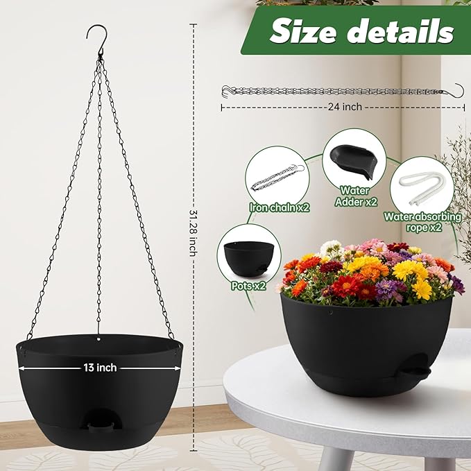 13-inch Oversized Hanging Planter Set of Two,Planters for Indoor and Outdoor Plants.Place Plant pots Across Diverse Settings Including windowsills,Living Room,and Gardens.Black