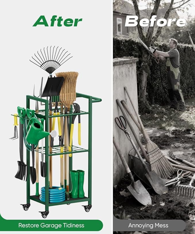 Garden Tool Organizer with Wheels, Heavy Duty 3 Tier Metal Yard Tool Storage Rack Holder with Side Hooks, Freestanding Garage Organizer for Shovels, Rakes, Brooms, Indoor Outdoor Use, Green