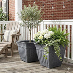 18'' Large Square Planter for Plants - 4 Pack Imitation Cement Plastic Flower Pots with Drainage Holes & 2cm Raised Base, 14 Gal Decorative Stone Like Garden Pot, Retro Plant Container