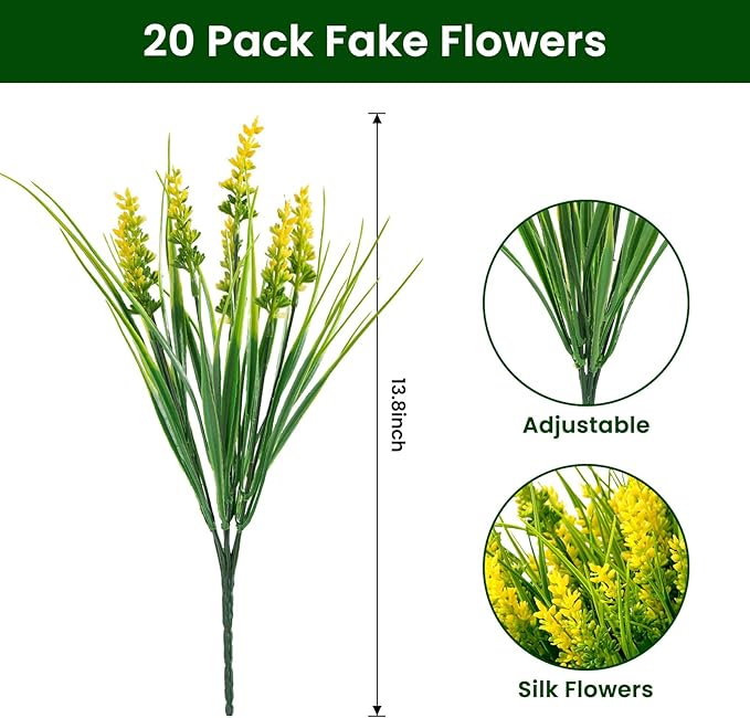 20 Bundles Artificial Plants Outdoor, UV Resistant Fake Flowers， Realistic Faux Lavender Shrubs for Porch Garden Window Box Home Decoration (Yellow)