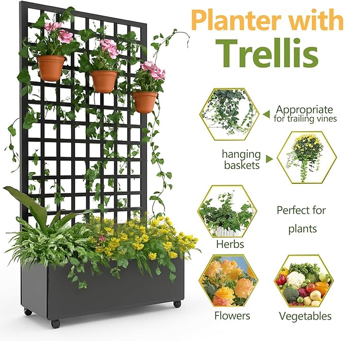 Metal Planter Box with Square Lattice Trellis, 72" X 35" Galvanized Raised Garden Bed on Locking Wheels, Deep Planter with Drainage for Climbing Plants, Flowers, Patio & Balcony, Black