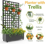 Metal Planter Box with Square Lattice Trellis, 72" X 35" Galvanized Raised Garden Bed on Locking Wheels, Deep Planter with Drainage for Climbing Plants, Flowers, Patio & Balcony, Black
