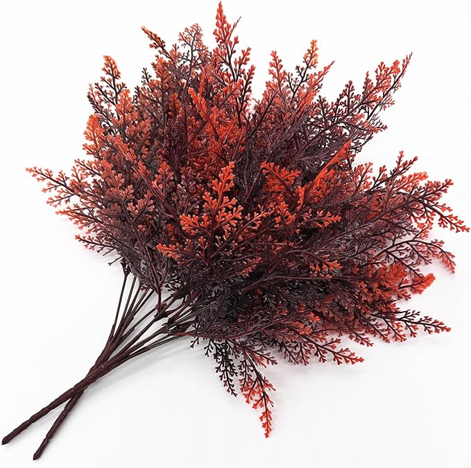 Artificial Fern Plants, Fake Shrubs Faux Boston Grass Plastic Leaves Greenery Bushes Home Garden Kitchen Party Decor Outdoor Indoor Office Yard Verandah Planter Filler DIY Decoration Red 4 Pack