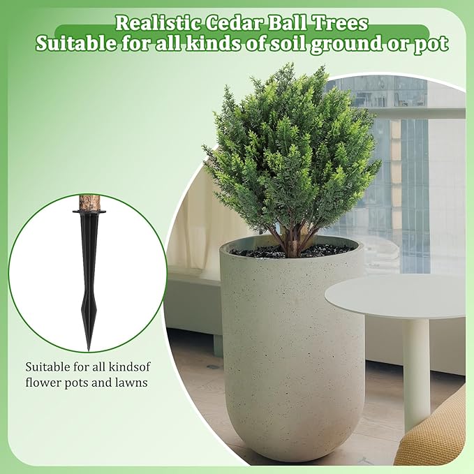 Shinoske 23.8" Artificial Cedar Topiary Ball Trees,Set of 2 Outdoor Faux Evergreen Shrubs with Ground Spike,UV Resistant Fake Cedar Plants for Front,Garden,Porch,Yard