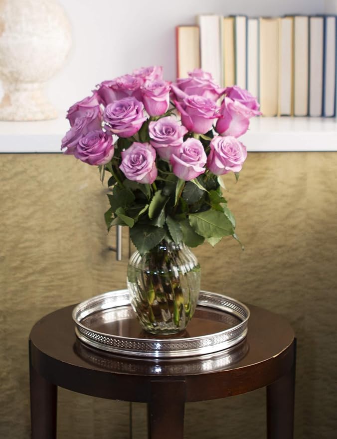 KaBloom - Bouquet of 18 Fresh Purple Roses (Farm-Fresh, Long-Stem) with Vase - Fresh Flowers for Birthday, Valentine's & Mother's Day