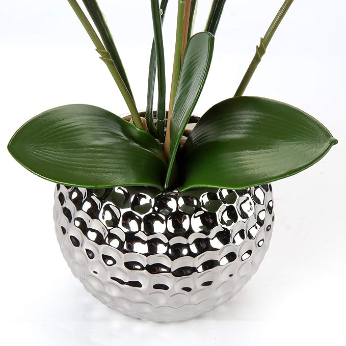 Briful Orchids Artificial Flowers, 20'' White Faux Orchid with Silver Vase Fake Phalaenopsis Flowers for Home Table Living Room Office Kitchen Decor