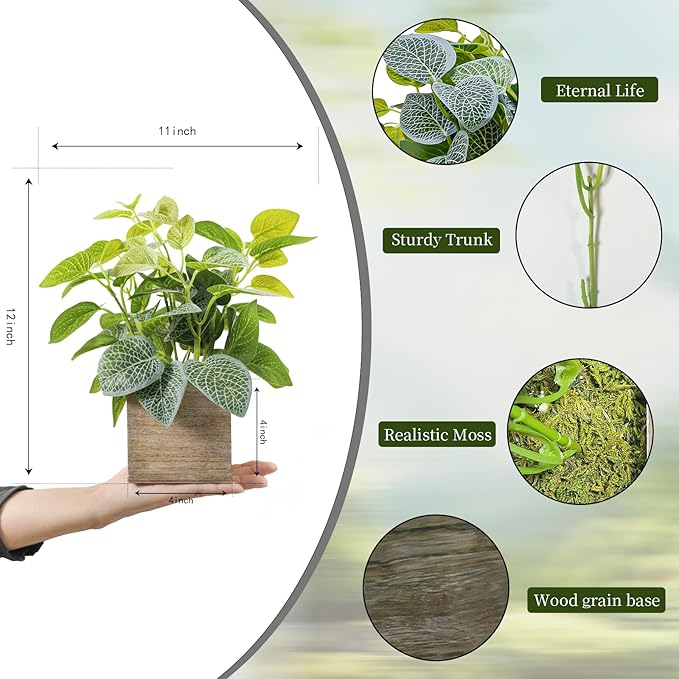 2 Pack 12" Medium Eucalyptus Fake Plants, Artificial Plants Indoor with 4 Inch Wooden Planters, Faux Potted Silk Plants for Home Decor, Desk, Shelves, Desktop, Coffee Table, Bedroom