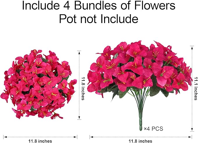 INSPRING Faux Bougainvillea Artificial Flowers for Outdoors Summer Outside Decor, 4 Bundles UV Resistant Realistic Fake Plants Silk Flowers for Porch Patio Window Outdoor Planter Garden Home, Hotpink