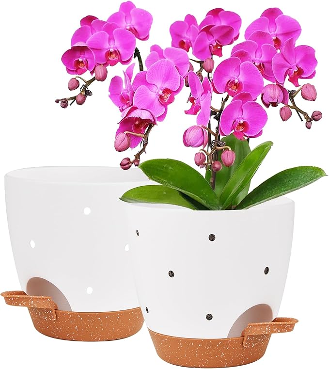 Vanslogreen 6 Inch Orchid Pots with Holes, 2 Pack Self Watering Planters for Orchids Plastic Orchid Pot Plant Flower Pots for Orchids Indoor Outdoor (White with Brown)