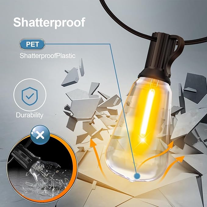 MGVIH Outdoor String Led Patio Lights: 65Ft 20M Outside Waterproof Light with Remote Dimmable ST38 Shatterproof Bulb Connectable Hanging Outdoor Electric Lighting for Backyard Yard Gazebo Porch Party