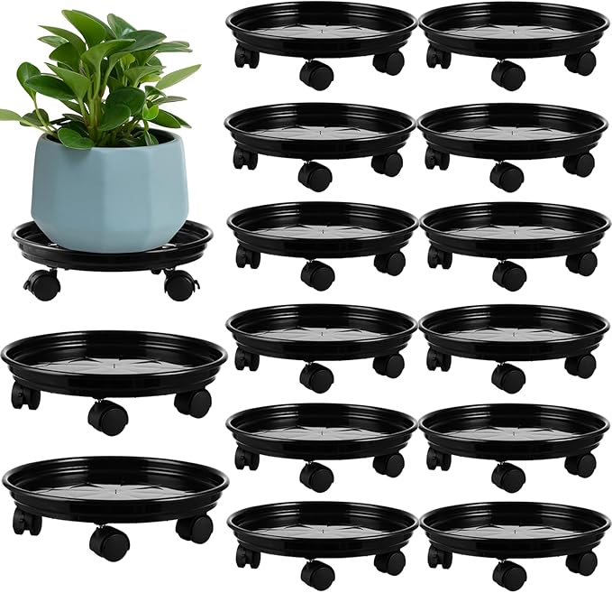 12 Packs Plant Caddy with Wheels 11.8" Plastic Rolling Plant Dolly Coasters Heavy-duty Wheeled Planter Mover Rollers Indoor Outdoor Wheeled Flower Pot Base Suacers with Casters, Black
