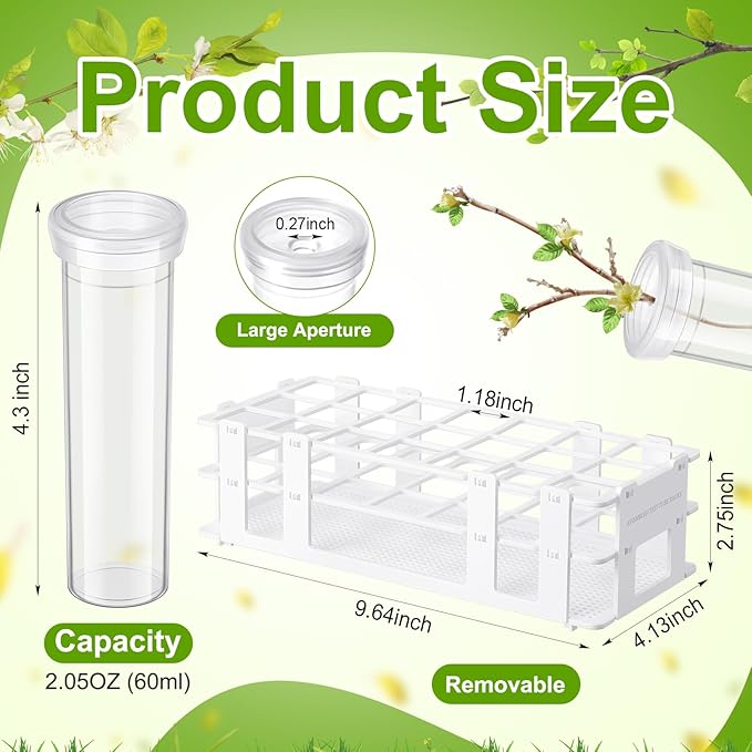 Willinglong 22 Pcs 60ml Large Floral Tubes with Rack Holder Set for Milkweed Cuttings Floral Stem Water Tubes for Fresh Flowers Raising Caterpillars Monarch Butterfly Habitat Flower Arrangements
