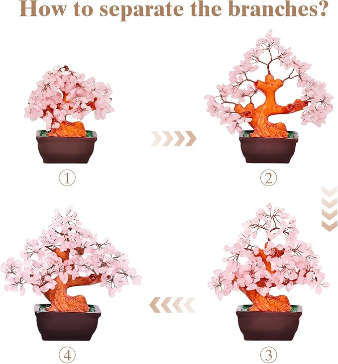 Feng Shui Natural Rose Pink Quartz Crystal Money Tree Bonsai Style Decoration for Wealth and Luck (Pink)