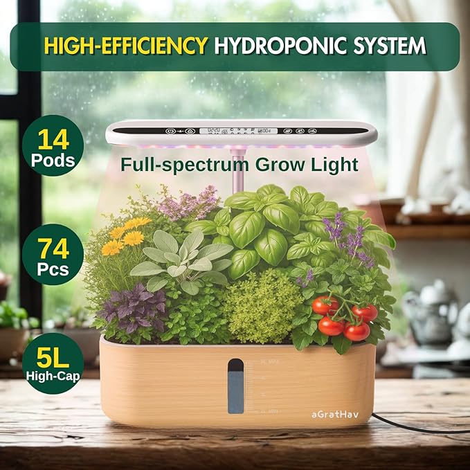 Hydroponics Growing System Kit, Indoor Herb Garden, 14 Pods Upgraded LCD Display, LED Grow Light Quiet Smart Water Pump Automatic Timer, Hydroponic Planter for Home Kitchen Office (White)