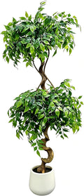 6FT Artificial Ficus Tree with White Pot, Tall Faux Ficus Plant with Realistic Natural Trunk and Lifelike Green Leaves, Indoor Fake Silk Tree for Home, Office, Living Room, or Corner Decor
