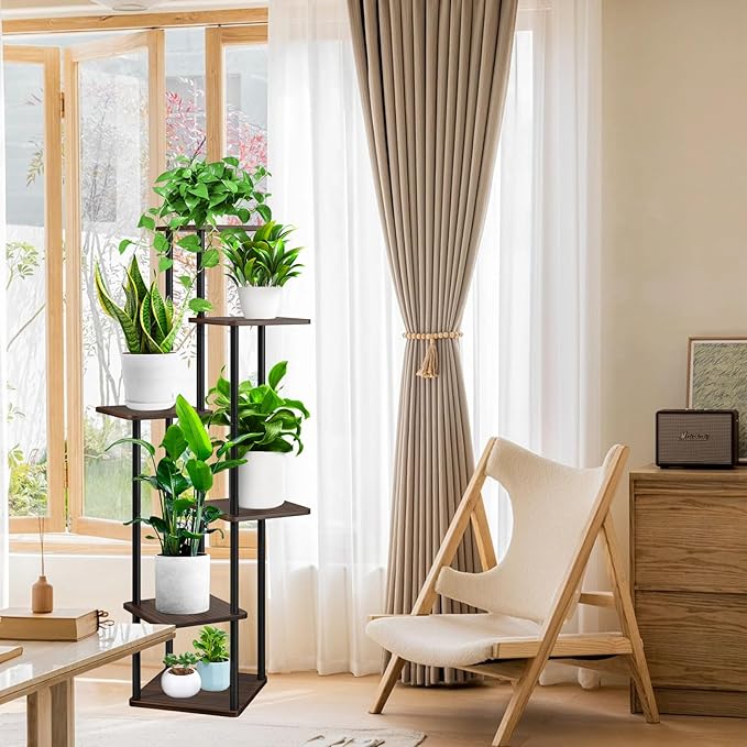 6 Tier Plant Stand Indoor, Thickened Metal Wood Corner Plant Shelf Stands for Multiple Plants, Indoor Tall Plants Stand Tiered Flower Holder for Living Room Patio Garden Balcony(Black+Oak)