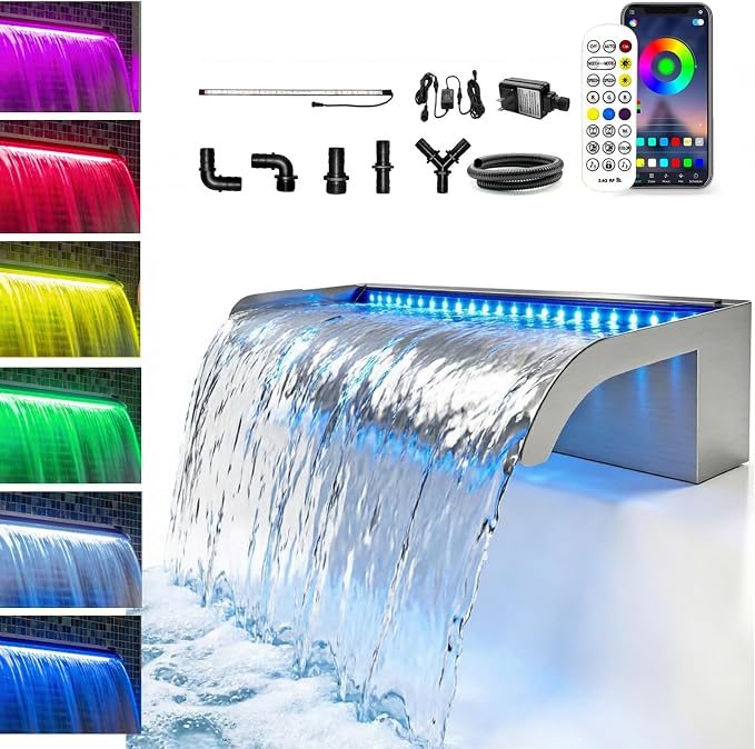 Pond Waterfall Spillway,Stainless Steel 35.43 inch Curved Spout with Colorful Lights & Remotely Controlled Pond Waterfall Kit for Water Feature, Garden, Backyard, Pool