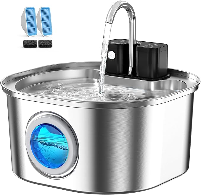 Voluas Stainless Steel Cat Water Fountain: 108oz/3.2L Wireless Cat Fountain Battery Operated for Drinking Indoor, Automatic Pet Water Dispenser Bowl with Ultra Quiet Pump, Easy Clean BPA-Free, 2Filter