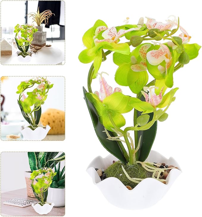Artificial Phalaenopsis Bonsai Orchid in Green Pot, Faux Orchid Flower Decoration for Indoor Home Décor, Lifelike Fake Phalaenopsis Plant for Living Room and Office Display