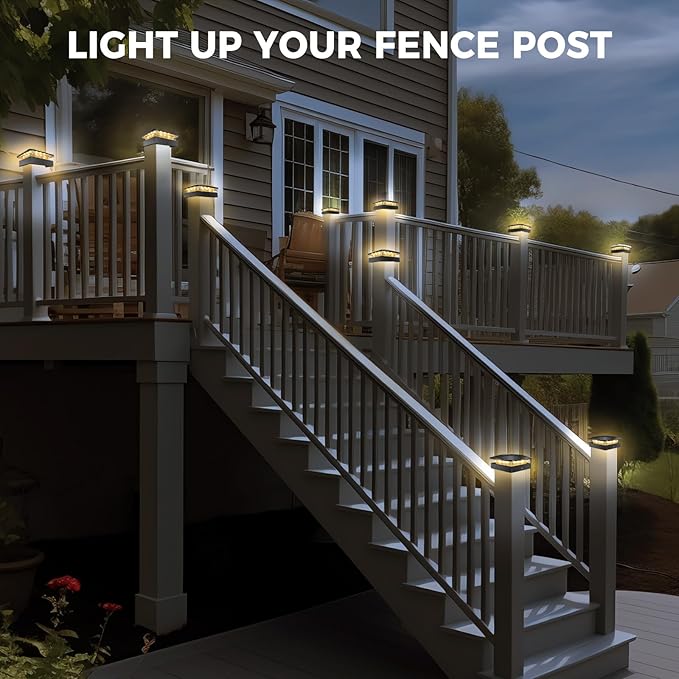 Peasur 4x4 Solar Post Cap Lights Outdoor with 3 Modes, 4 Packs LED Post Light Solar Powered Waterproof, 4x4/3.5×3.5 Wood/Vinyl Fence Posts Lights for Deck Railing Porch Mailbox Outside