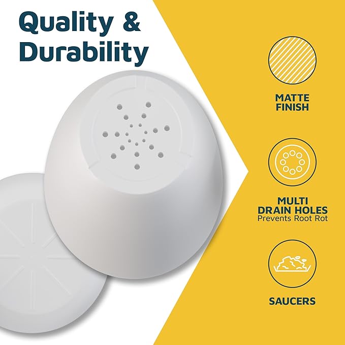White Plant Pots with Drainage Holes & Saucers 3 Pack, Indoor & Outdoor Stackable Space-Saving Planters for Houseplants & Flowers, (7", 6.7", and 6" Inches), Durable & Weatherproof Materials