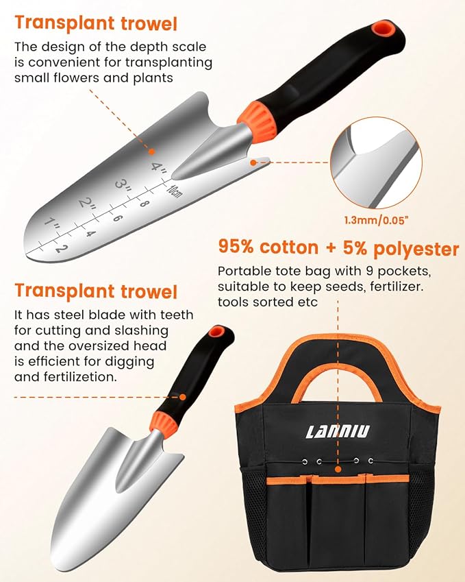 Garden Tool Set - 7 Piece Heavy Duty Stainless Steel Gardening Hand Tools with Floral Tote Bag, Non-Slip Rubber Grip, Gardening Kit Gifts for Women Mom