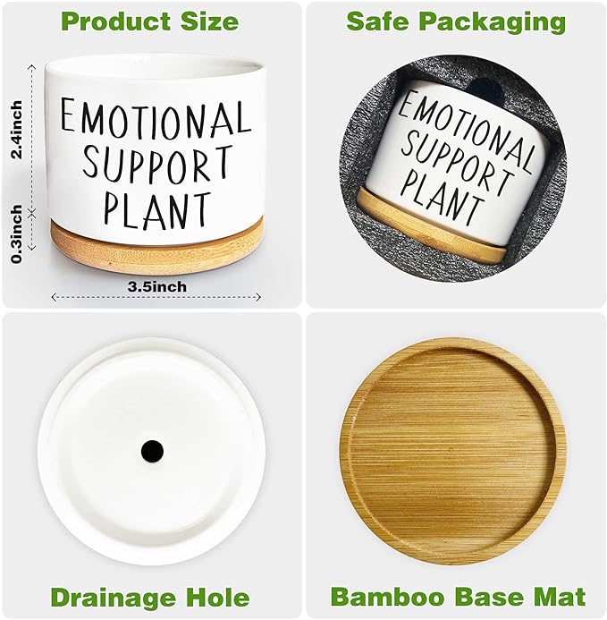 Kwtzkuo® Emotional Support Plant, Funny Succulent Pots, 3.5 inch Ceramic Flower Plant Pots, Cute Cactus Planters with Drainage Hole, Small Cute Planter Gift