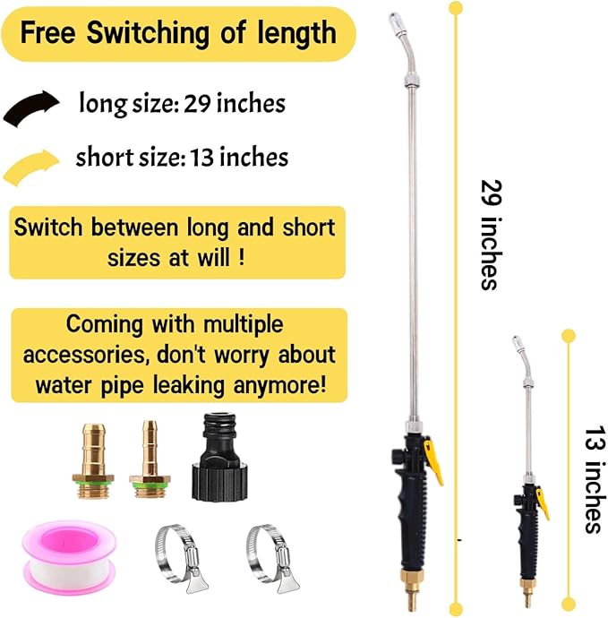 29'' Sprayer Wand Replacement, 1/4" & 3/8" Brass Barb Universal Stainless Sprayer Wand with Shut off Valve, Adjustable Watering Wand with 2 Hose Clamps & 1 Tape