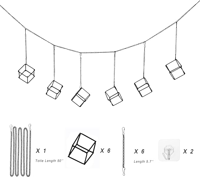 6 Pack Metal Hanging Air Plant Holders - Geometric Black Cube Tillandsia Hangers with Long Chains, Wall or Ceiling Mount for Small Air Plants, Home & Office Boho Decor (Individual or Combined Use)
