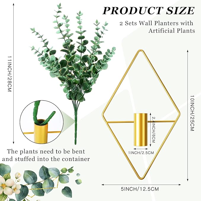 Canlierr 2 Pieces Gold Wall Decor Hanging Planters with Artificial Plants Metal Vase Indoor Plants Holder Modern Geometric Wall Art for Home Bathroom Bedroom Living Room Office(Eucalyptus,Medium)