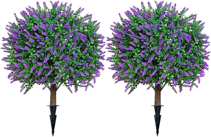 Lavender Boxwood Ball Tree, UV Resistant, Simulated Green Bush, Artificial Lavender Tree Outdoor Set of 2 (24.5Inch) with Ground Plugs Fake for Indoor Outdoor Front Porch Gardens