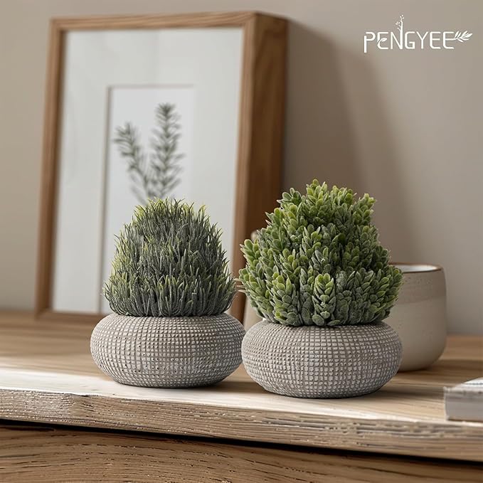 2 Pack Small Fake Plants in Cement Planter for Bathroom Decor, 6.1/5.7 Inch Artificial Plants Indoor, Small Faux Plants Indoor for Home Room Bedroom Farmhouse Kitchen Office Decor