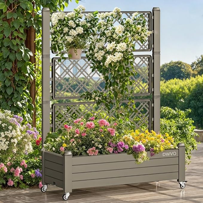 DWVO 3.6 x 1.5 x 5 FT Raised Garden Bed with Trellis, Large Outdoor Planter Trellis Box with Drainage Holes and Wheels for Climbing Plants, Light Brown