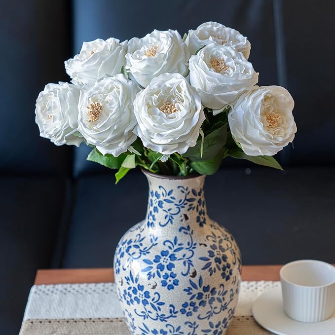 DUYONE White 4pcs Fake Flowers for Decoration Home Decor Artificial Flowers Austin Rose Peony Latex Fake Flower Living Room Decoration Vivid Pink Roses Peonies(White 4pcs)