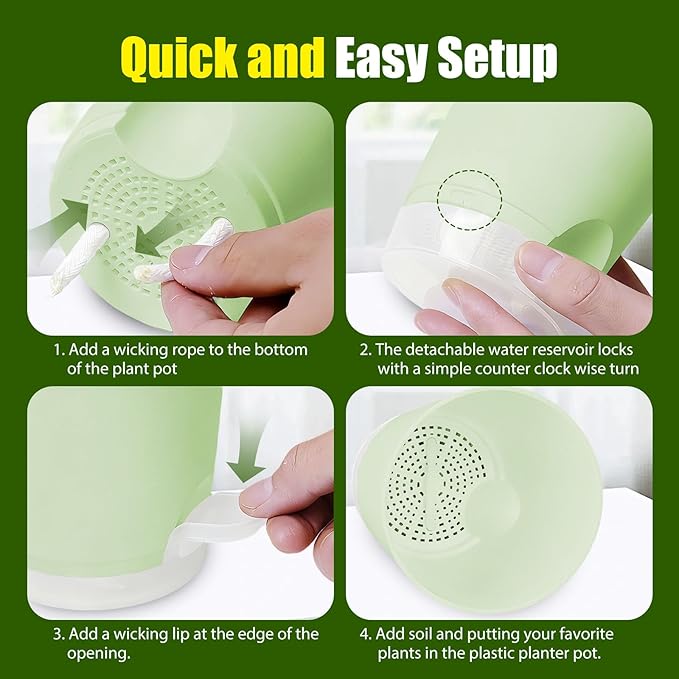 Plant Pots 7 Inch Self Watering Pots, 6 Pack Plastic Planters with Drainage Holes and Clear Saucers,Plastic Flower Pots for Indoor Out Door Plants(Green)