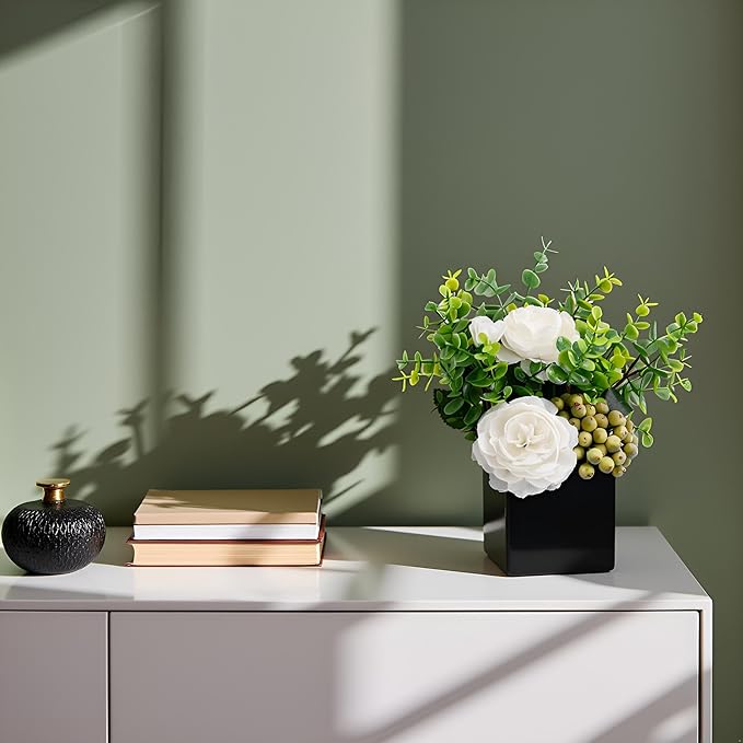 LADADA Artificial White Peony Flowers with Eucalyptus and Green Berries in Black Square Vase - Fake Floral Arrangement for Home Decor, Table Centerpiece, Bathroom, Office, Wedding, Minimalist Decor