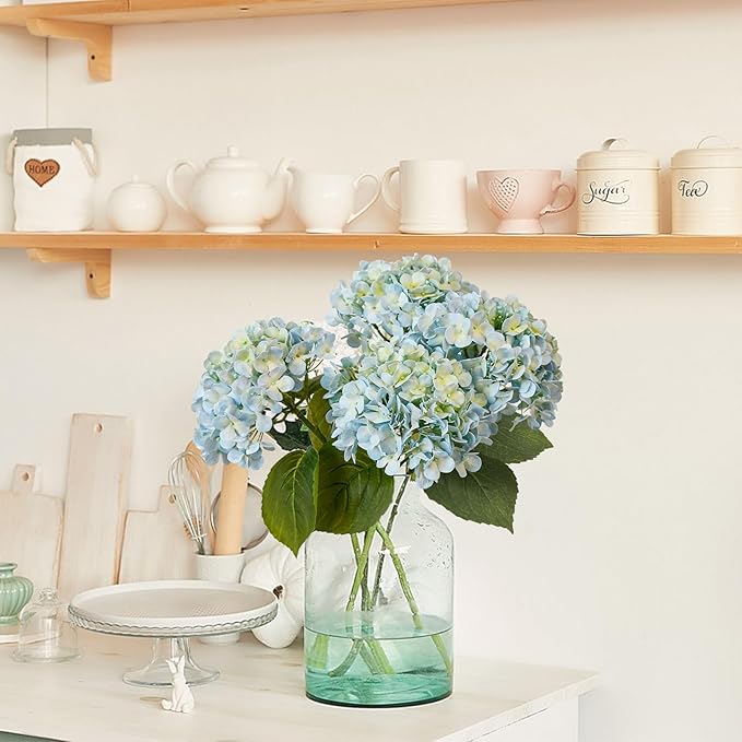 Leftover 4 Pcs Light Blue Hydrangea Artificial Flowers,21" Real Touch Faux Hydrangea Flowers and 3 PCS Butterflies for Hydrangea Decor,Floral Arrangements for Centerpiece Table Decorations,Home Decor