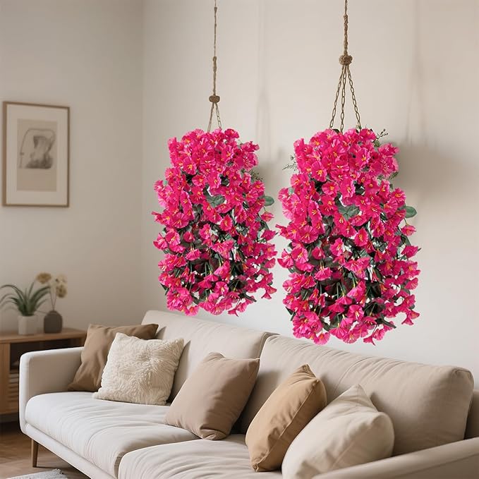 Artificial Flowers for Outdoors Fake Hot Pink Morning Glory Hanging Flower Decoration, 2Pcs Realistic Faux Plants Petunias Long Trailing Vines,Spring Decor for Porch Patio Balcony Planter Yard