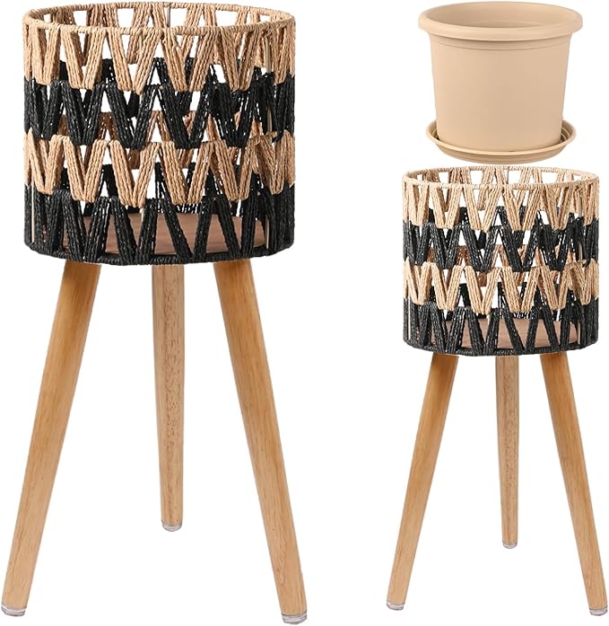 KGPLOME Single Indoor Plant Stand with Planter Pot,10 inch Bohemian Wood Planter Holder for Living Room Bedroom Decor Modern Home Decor (1, Beige Black)