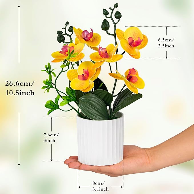 4Pcs Fake Orchids Artificial Flowers Washable Phalaenopsis Orchids Flowers in Pot for Home Wedding Table Centerpiece Bathroom Office Decoration (White & Purple & Yellow)